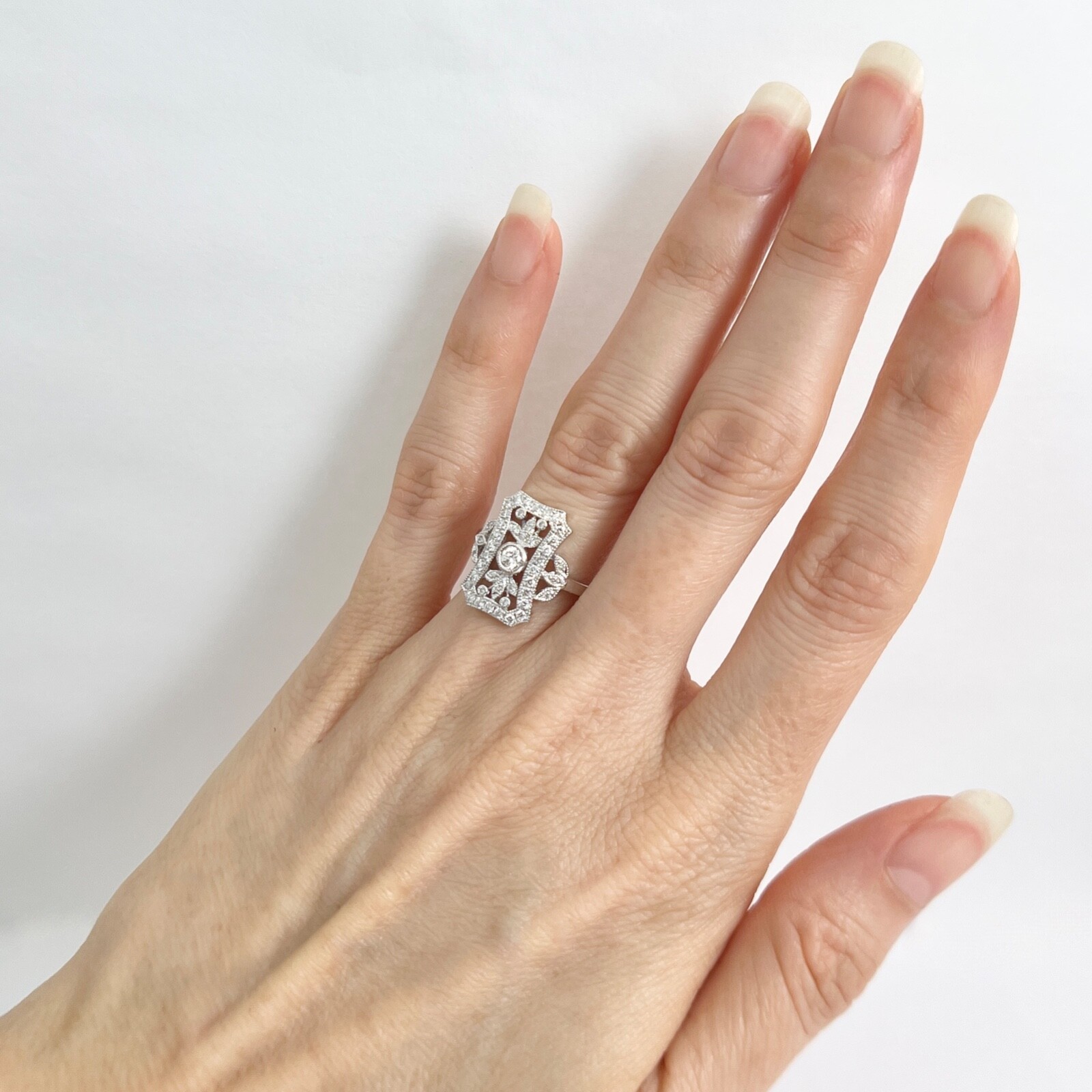 Art-Deco Style Long Pave Diamond Filigree Statement Ring 18K White Gold .52 CTW