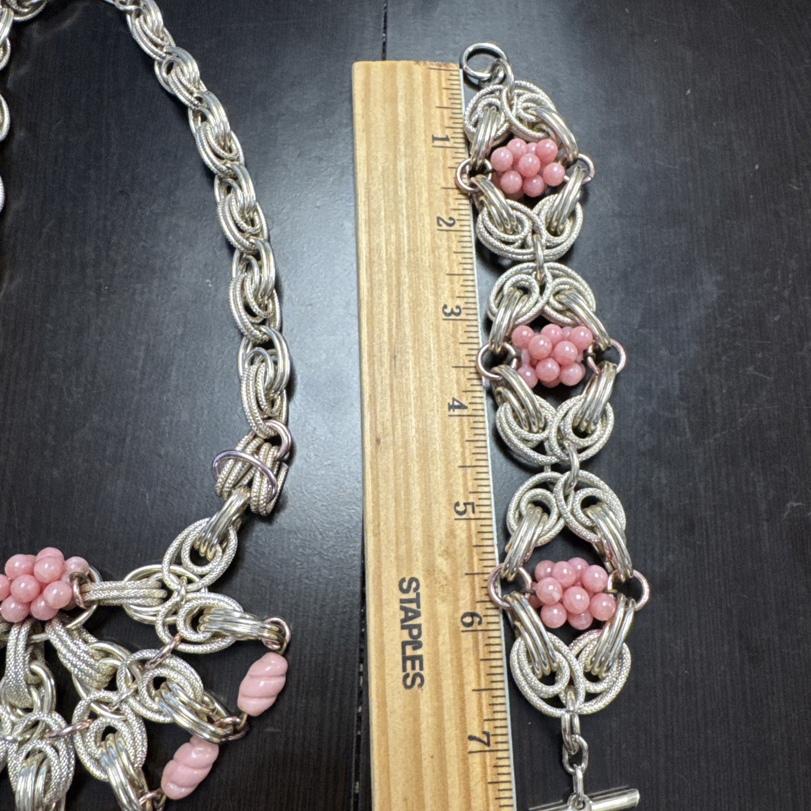 Vintage Silver Pink Beads Necklace, & Bracelet Lightweight Metal