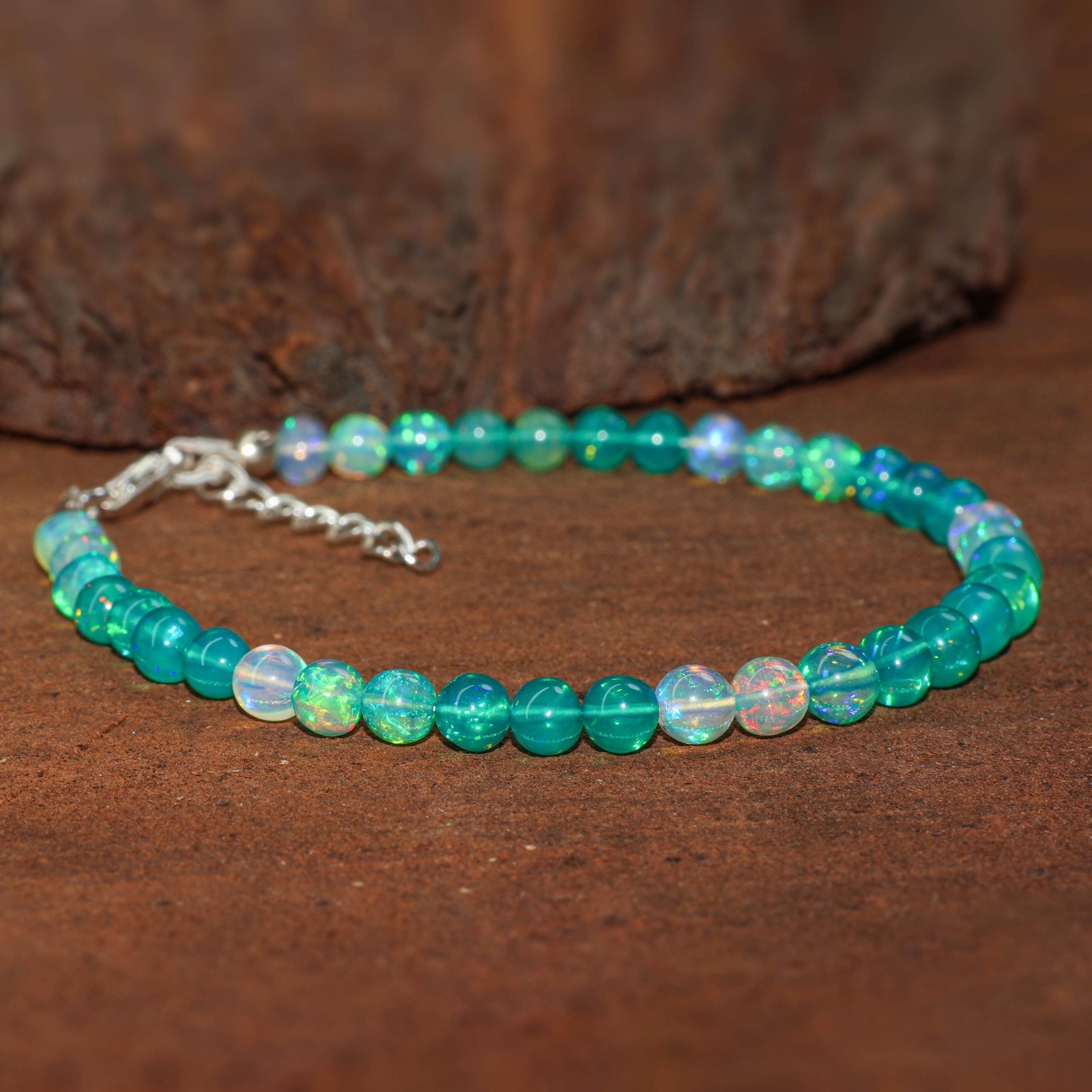 Shaded Green Opal Gemstone Round Beads Bracelet, Ethiopian Fire Opal Bracelet