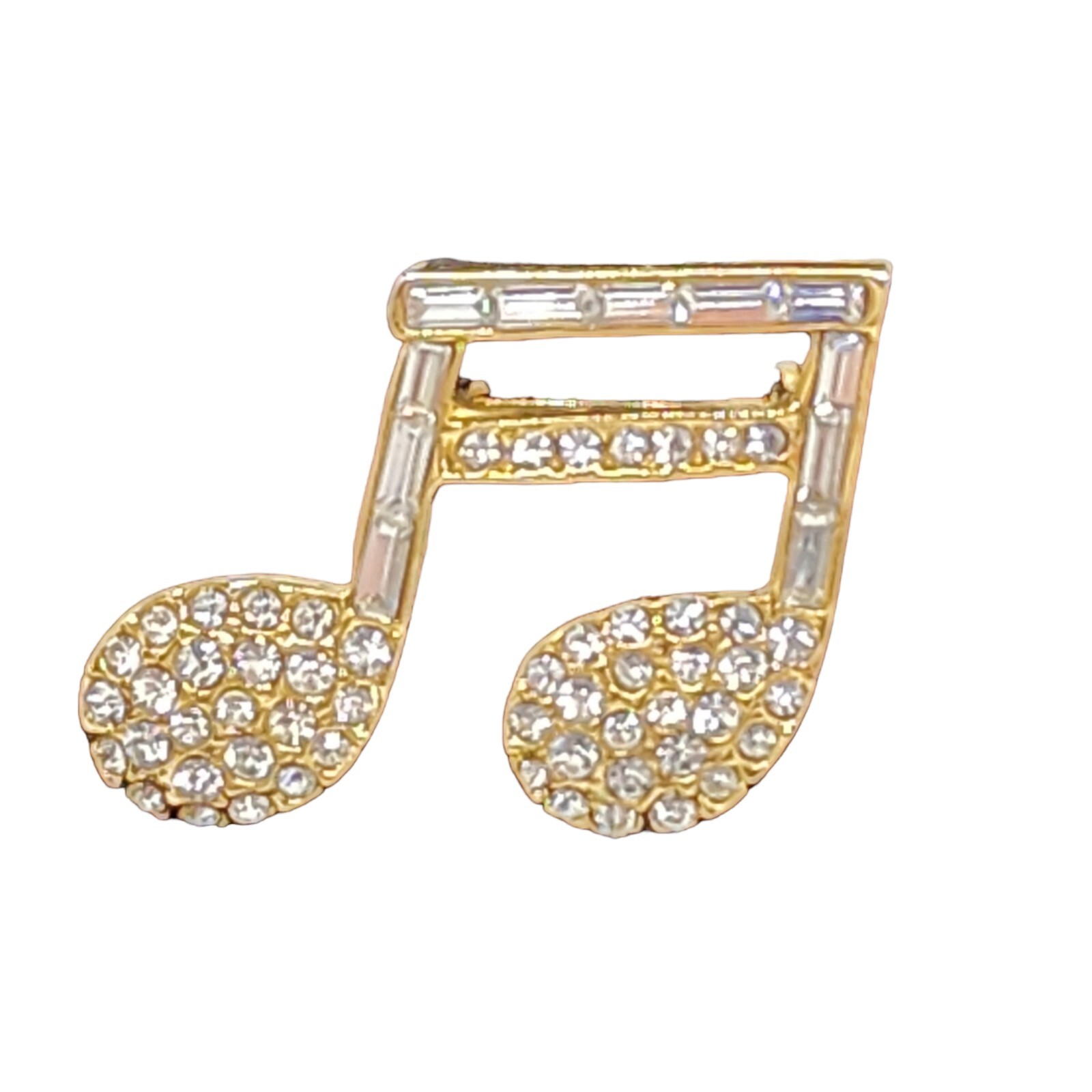 Music Note Brooch Pin w/Clear Sparkling Round & Baguette Rhinestones Gold Tone