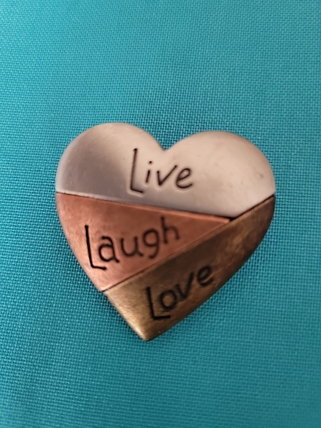 Olrazza Mixed Metals Heart Brooch/Pin~LIVE LAUGH LOVE Tri-Color Mixed Metals~Vtg