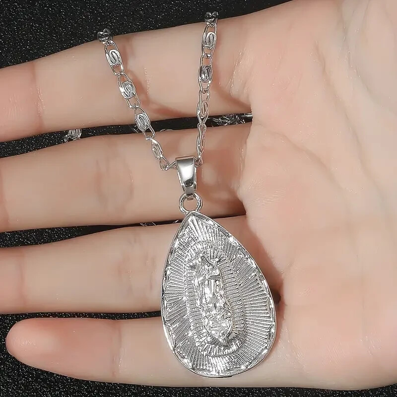 925 Sterling Silver Catholic Saint Virgin Mary New White Topaz Pendant Necklace