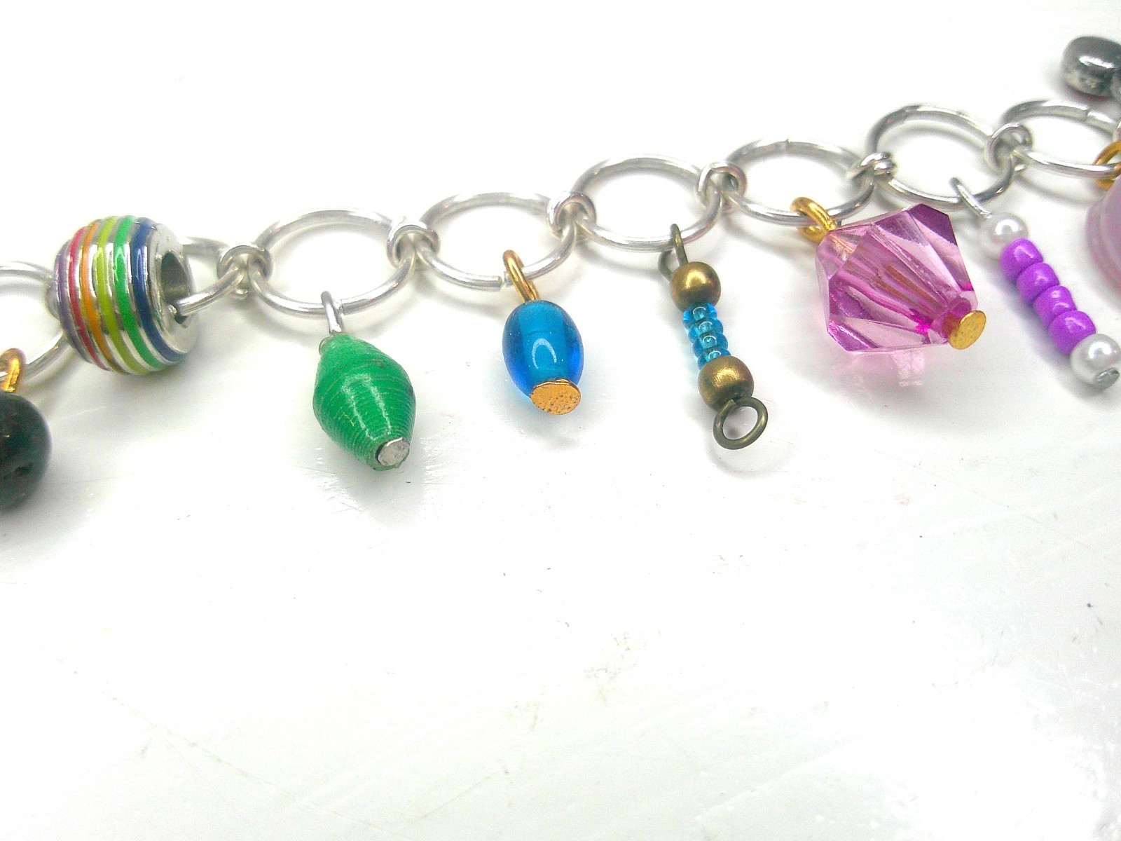 Charm Bracelet Unique Silver tone Upcycled Acrylic Beaded Colorful Petite 6.5 in