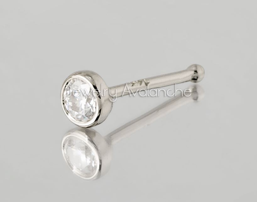 Solid 14kt White / Yellow Gold 22G Nose Bone Stud with Bezel Set Moissanite
