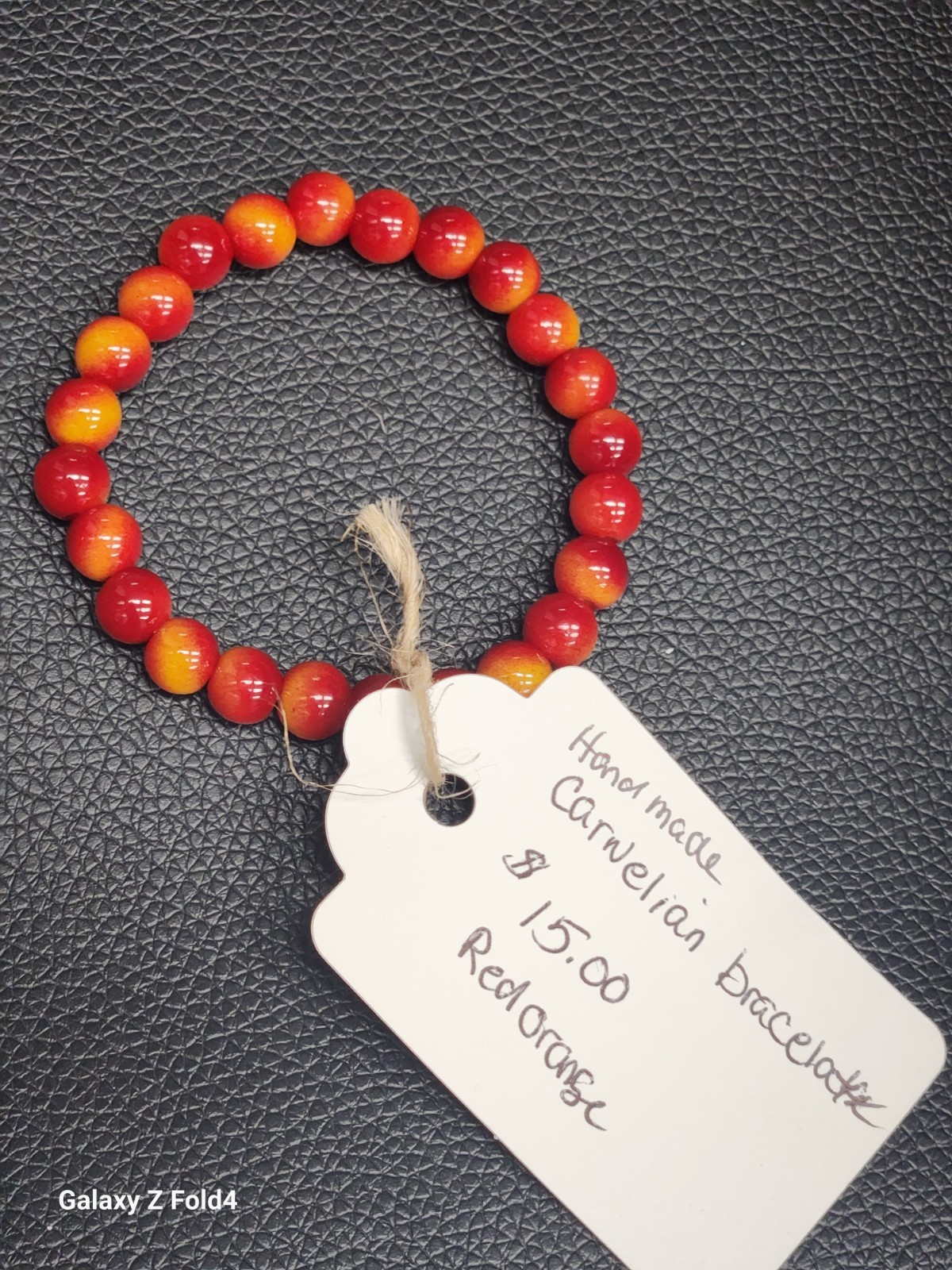 Handmade Carnelian Stone Beaded Stretch Bracelet Round Red Orange Unisex Adults