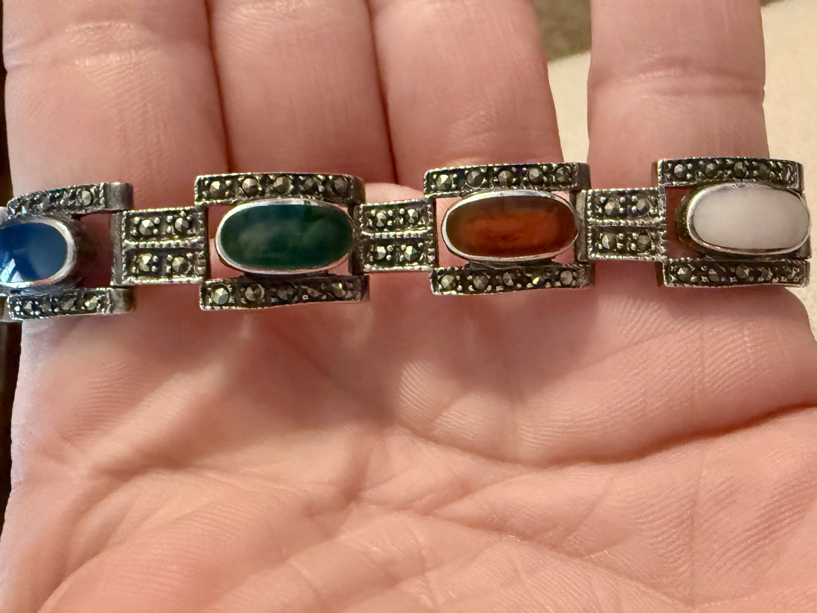 925 Sterling Silver Multi Gemstone Marcasite Art Deco Style Link Bracelet 7.5”