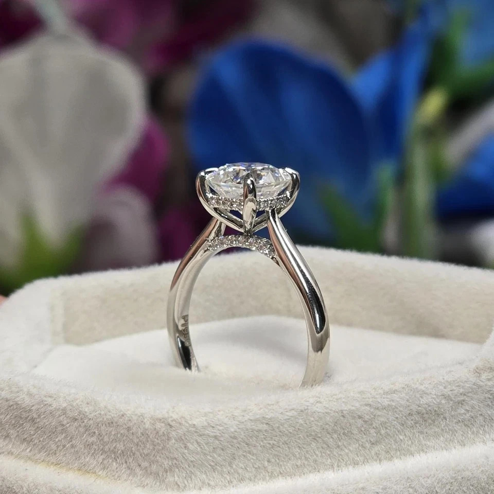2CT Cushion-Cut Moissanite Hidden Halo Engagement Ring 14K White Gold Plated