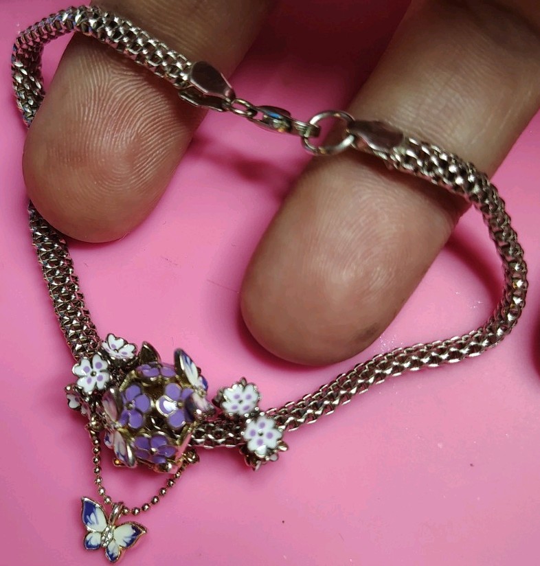 WOSTU 925 Sterling Silver Mystic Purple Flower Butterfly Charm Mesh Bracelet Set