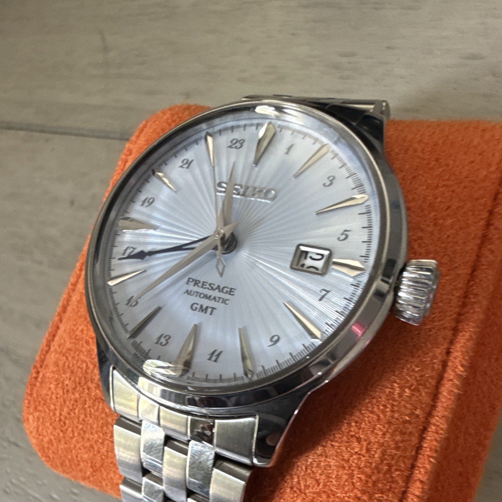 Seiko Presage Automatic GMT Silver Sunburst Dial SS Bracelet Date WR