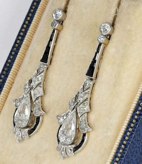 Art Deco Style Pear Cut Lab Created Diamond Wedding 14K White Gold FN Earrings