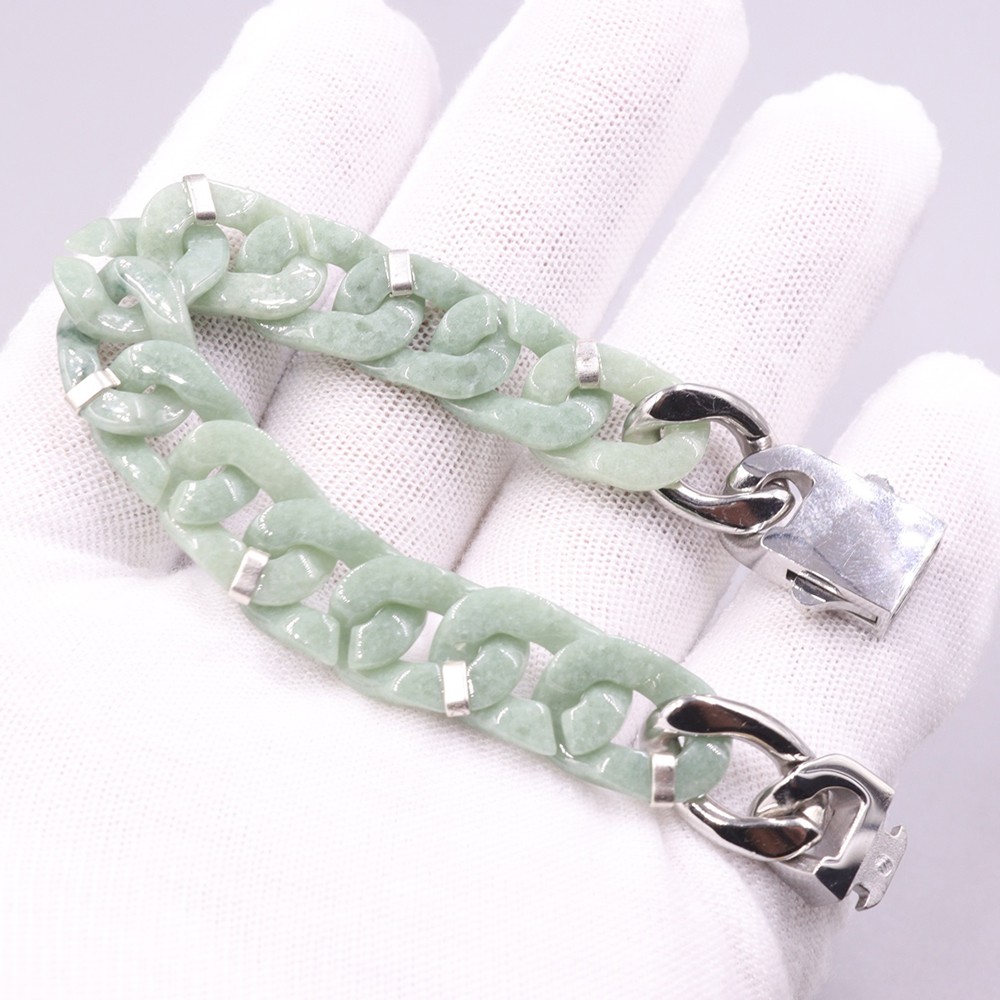 Real Grade A Natural Green Jade Jadeite Men Cuban Curb Link Bracelet 7.5-7.9inch