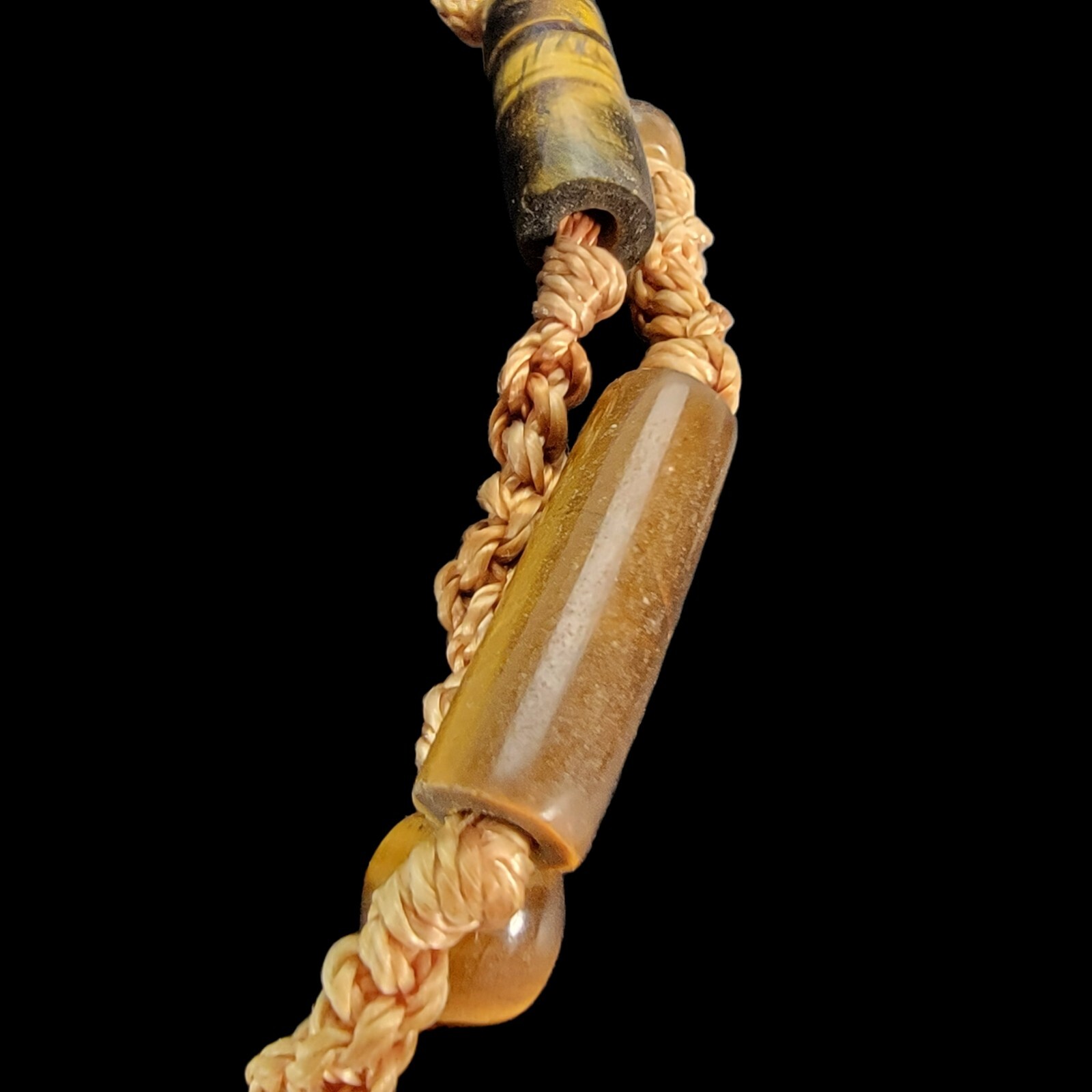 1970s Bohemian Macrame Silk Cord Necklace Double Strand Tiger Eye Beaded 38″