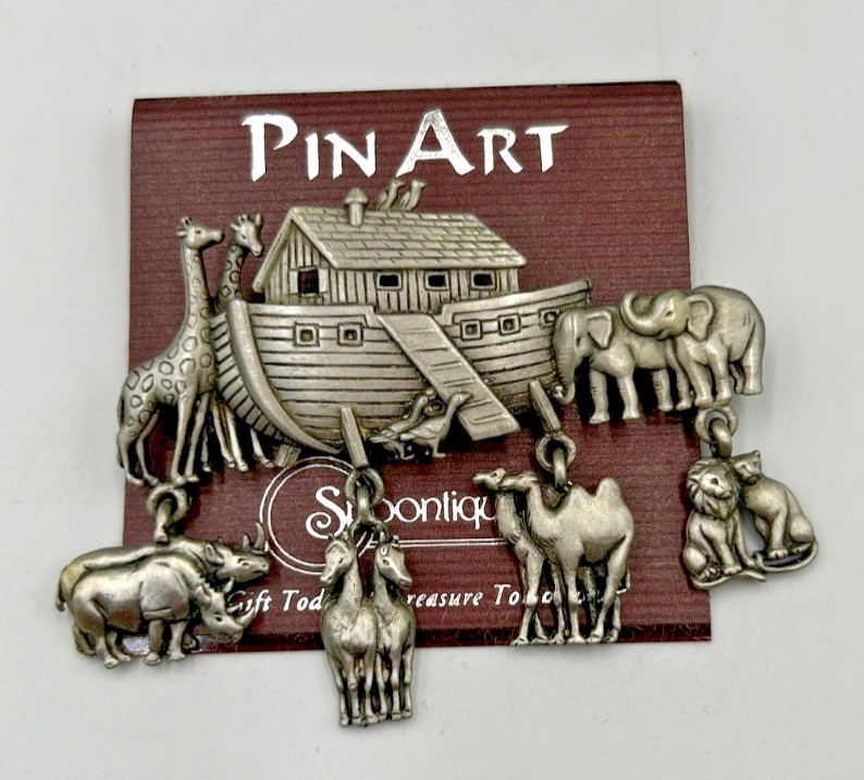 Noahs Ark JJ Jonette Jewelry Signed Brooch Pin Pewter Dangling Animal Pairs VTG