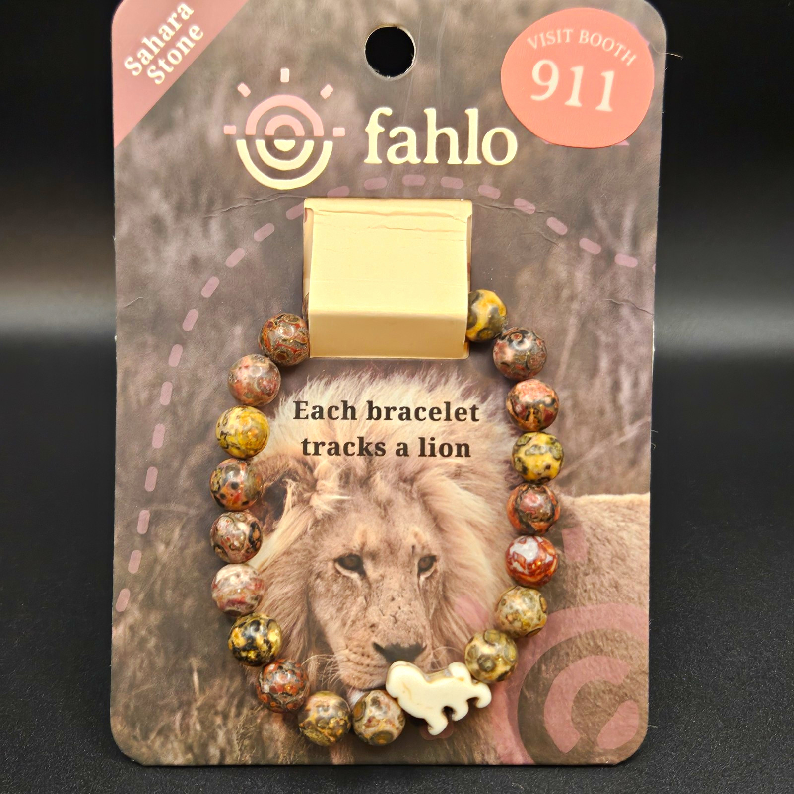 Fahlo Sahara Stone Beaded Bracelet w/ Lion Tracking Animal Dangle Charm