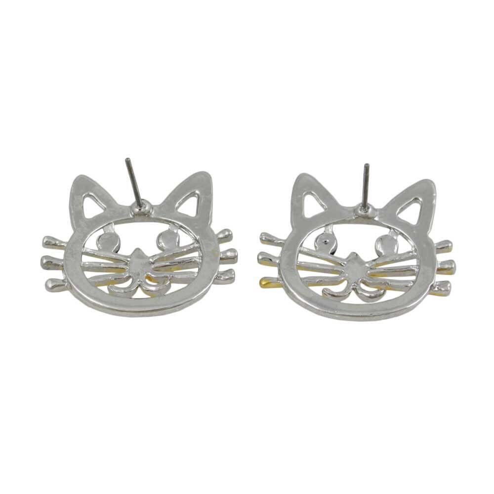 Silver and Gold Cat Head with Black Eyes Pierced Earring – PRC421E