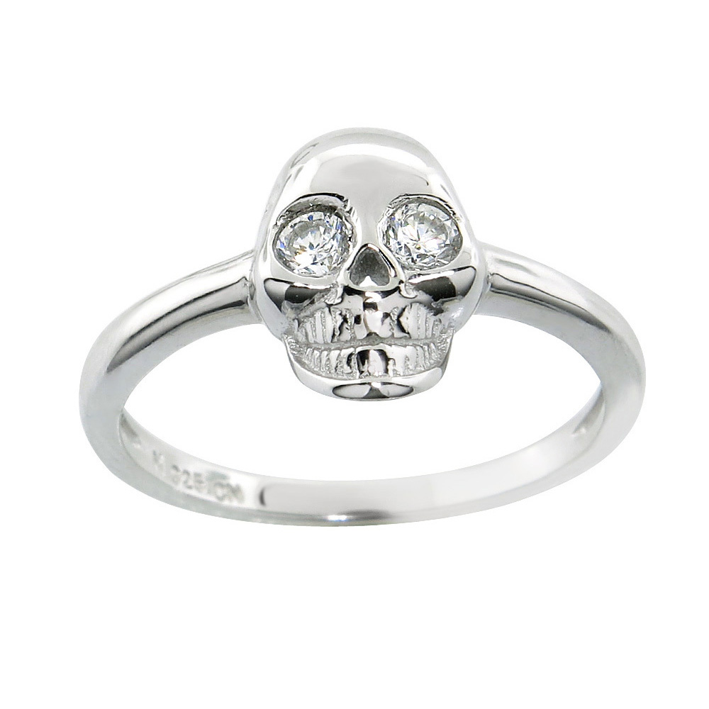 Sterling Silver 14k White Gold Skull w/ White Sapphire Ring ALL SIZES AVAILABLE