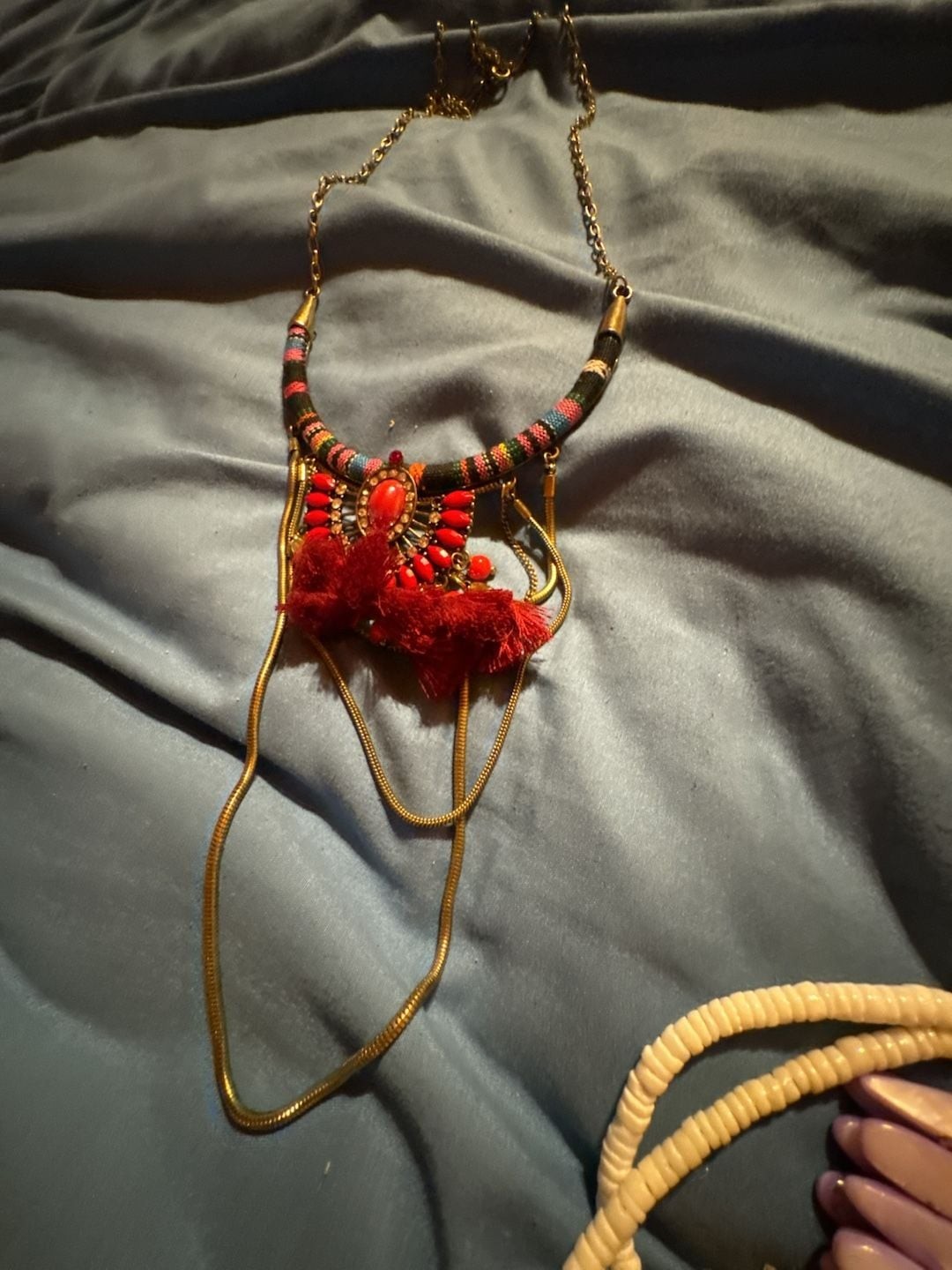 Boho Statement Bib Necklace with Red Tassel and Multi-Color Woven Collar