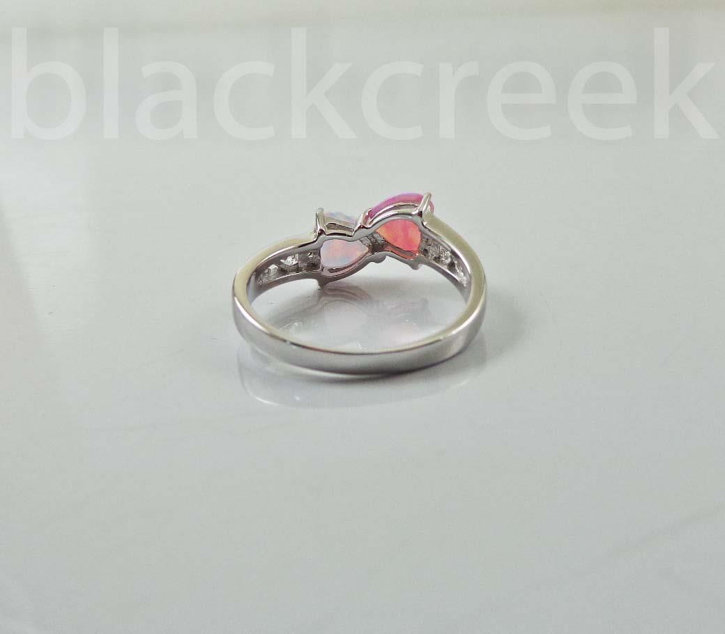 925 Sterling Silver / White / Pink / Two Hearts / Opal~Size 4/5/6/7/8/9/10/11/12