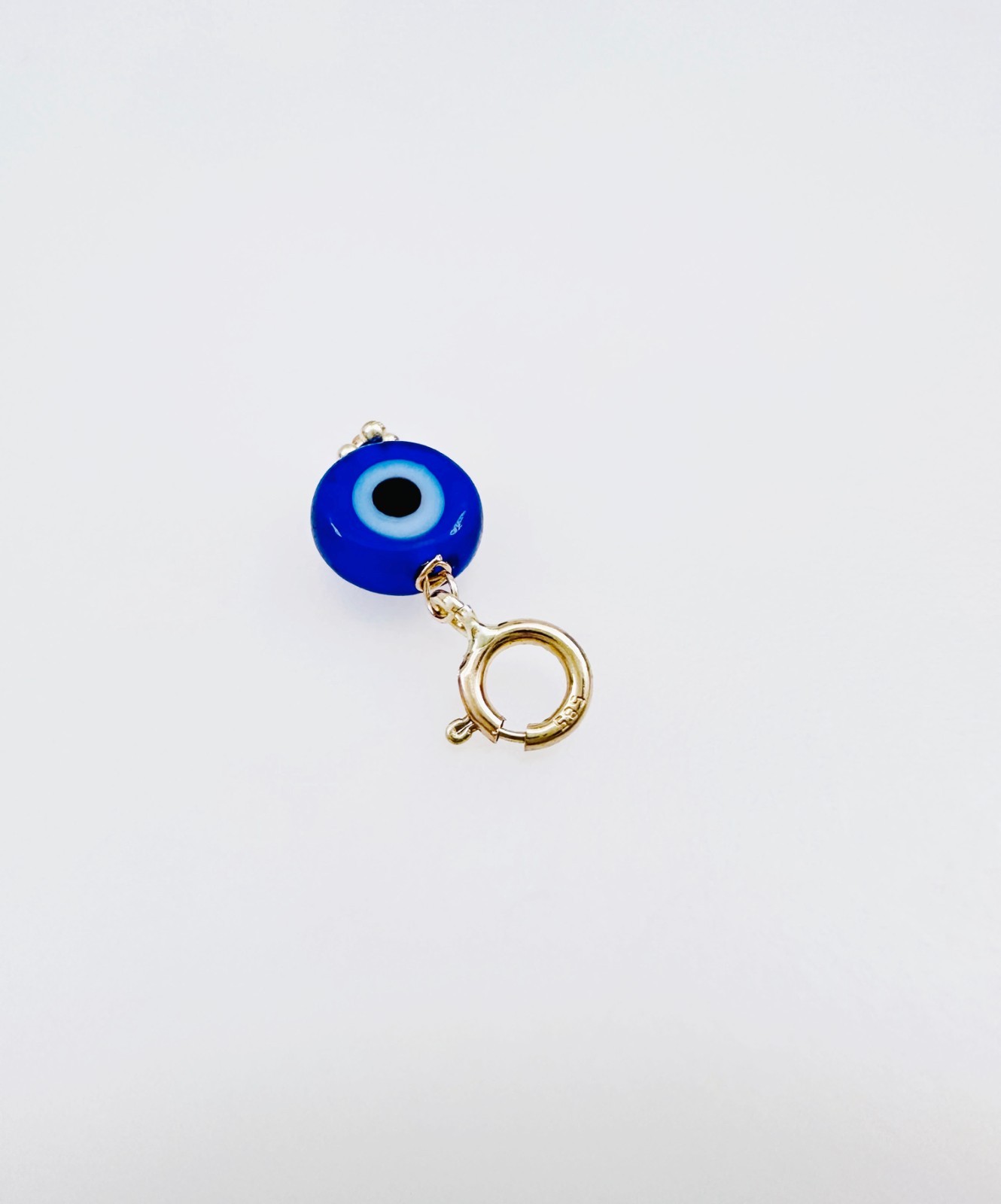 14K Solid Yellow Gold Millefiori Glass Blue Evil Eye Charm Pendant Spring Clasp