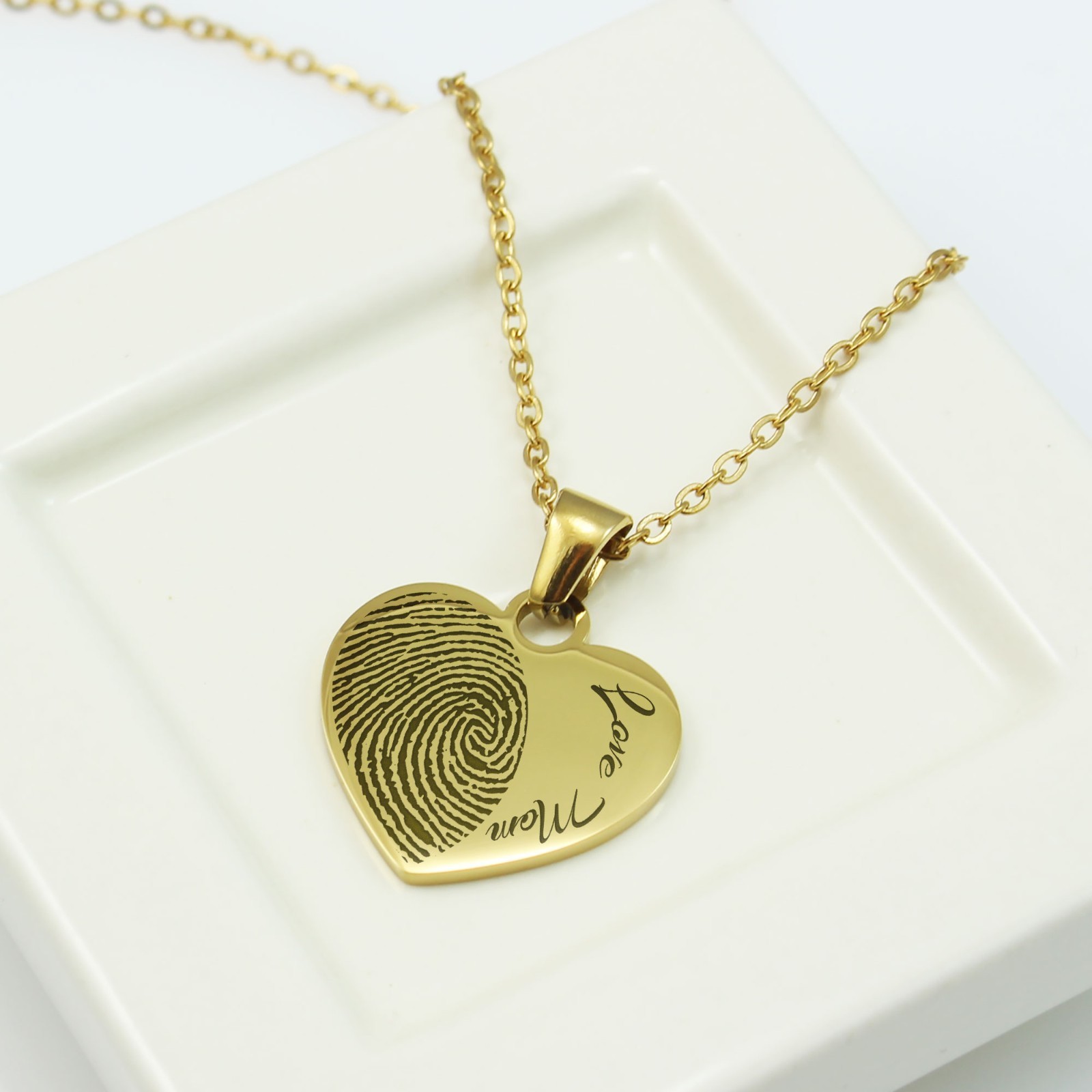 Engraved Fingerprint Heart Necklace Personalized Stainless Steel Memorial Gift