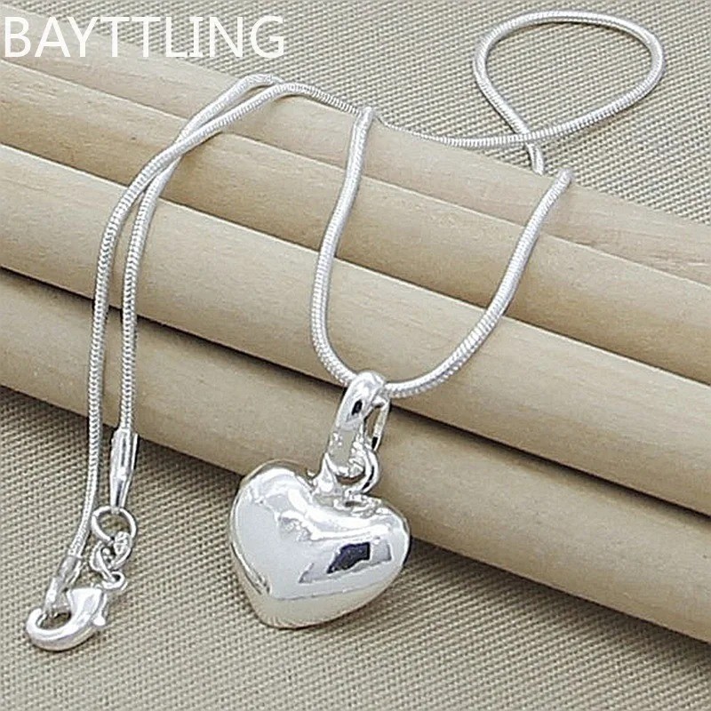 Fine 925 Sterling Silver Solid Heart Necklace 18-24 Inches Snake Chain For Women