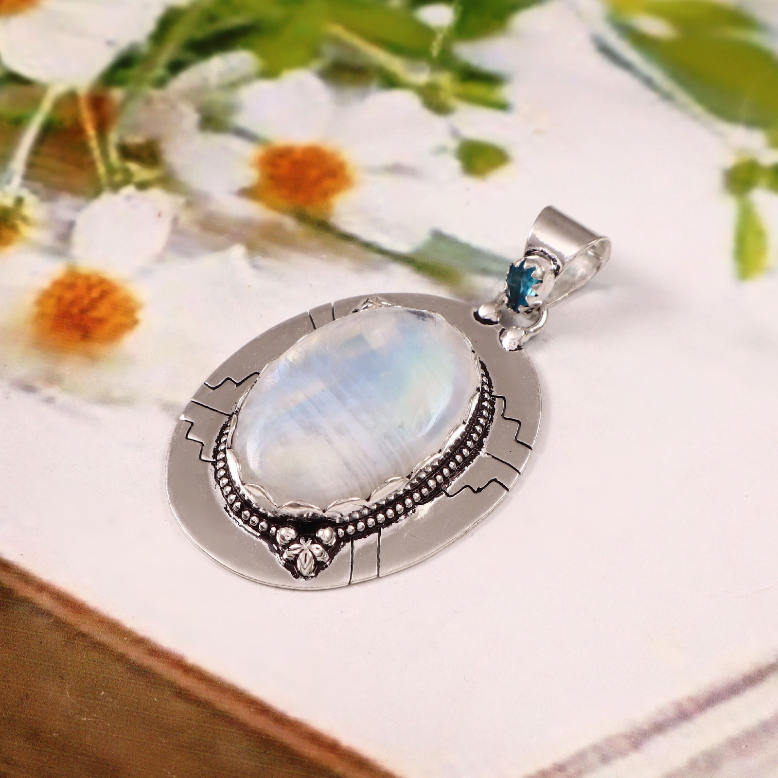Rainbow Moonstone & Blue Topaz Pendant 925 Sterling Silver Handmade Necklace
