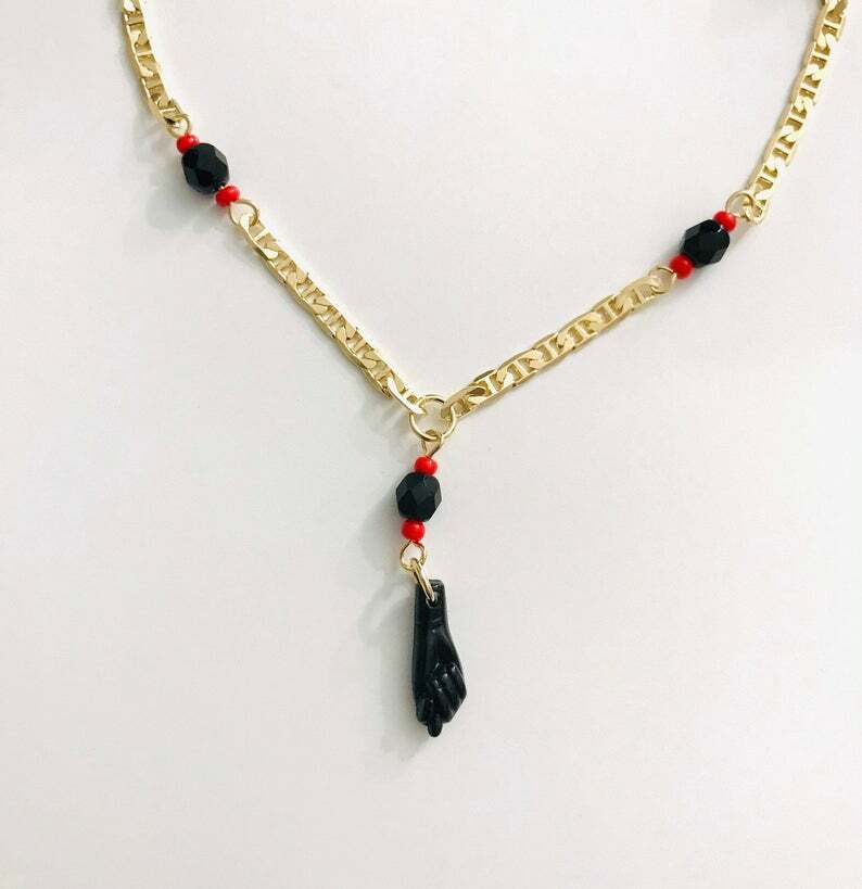 18K GOLD FILLED AZABACHE ANKLET 9.5″ LONG / TOBILLERA MANO AZABACHE 9.5″ – A22
