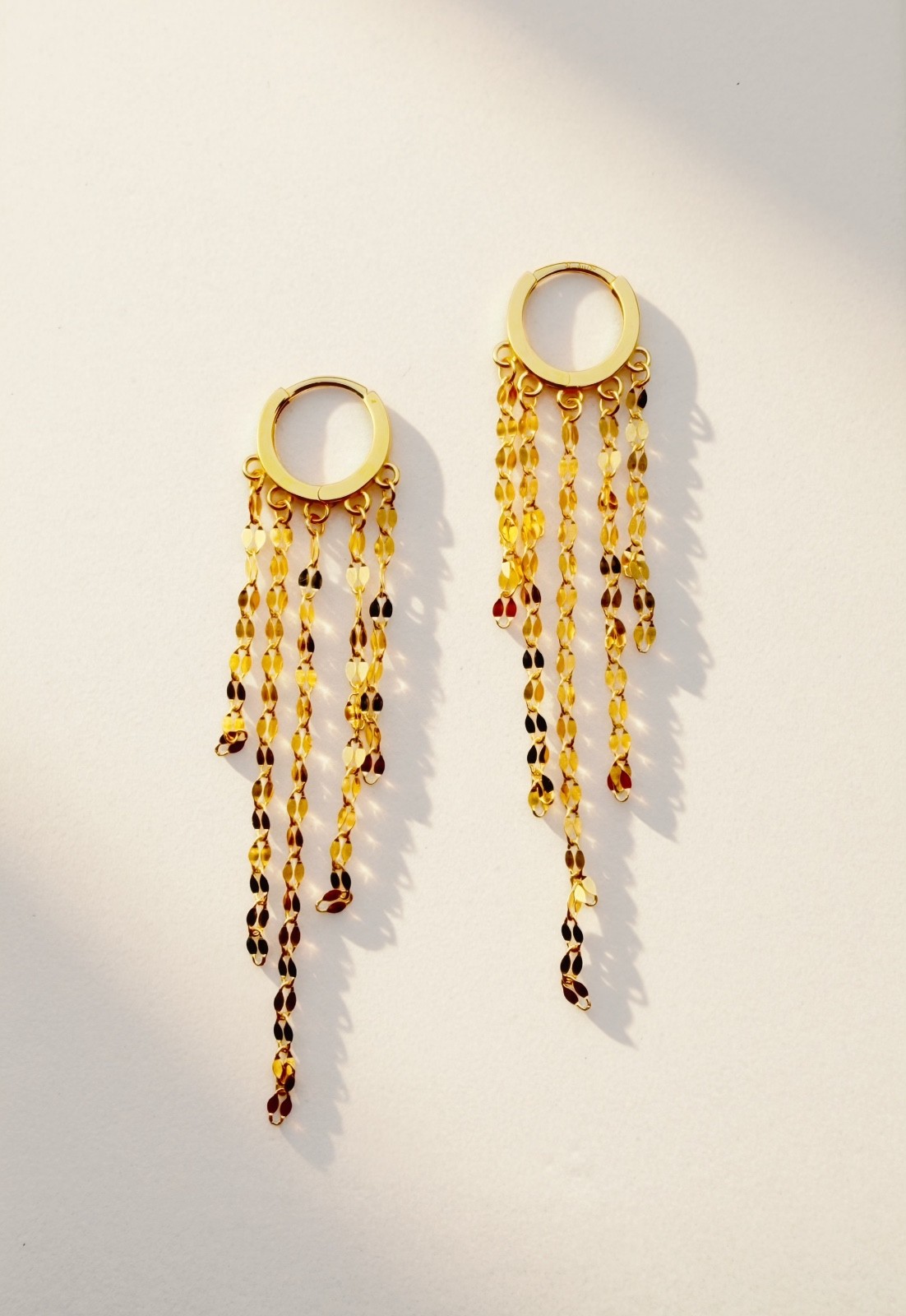 18K Gold Dangle Hoop Earrings Long Tassel Chain Drop Earrings Small 6 mm