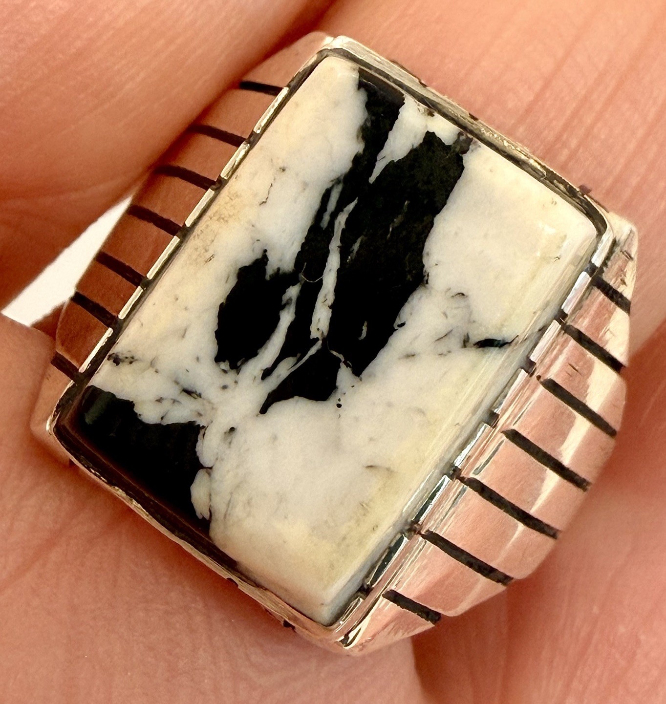 Navajo White Buffalo Turquoise Men’s Ring Size 10 Sterling by Trevor Jack 8.6g