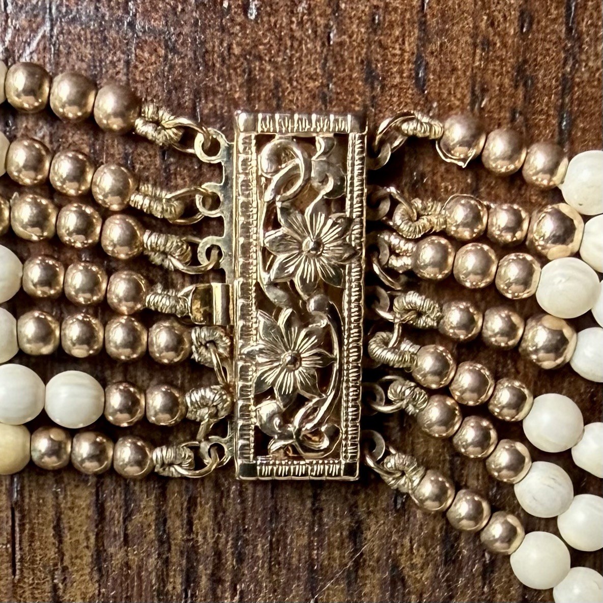 Vintage Gilt Sterling Bone Bead Multi Strand Modernist Necklace