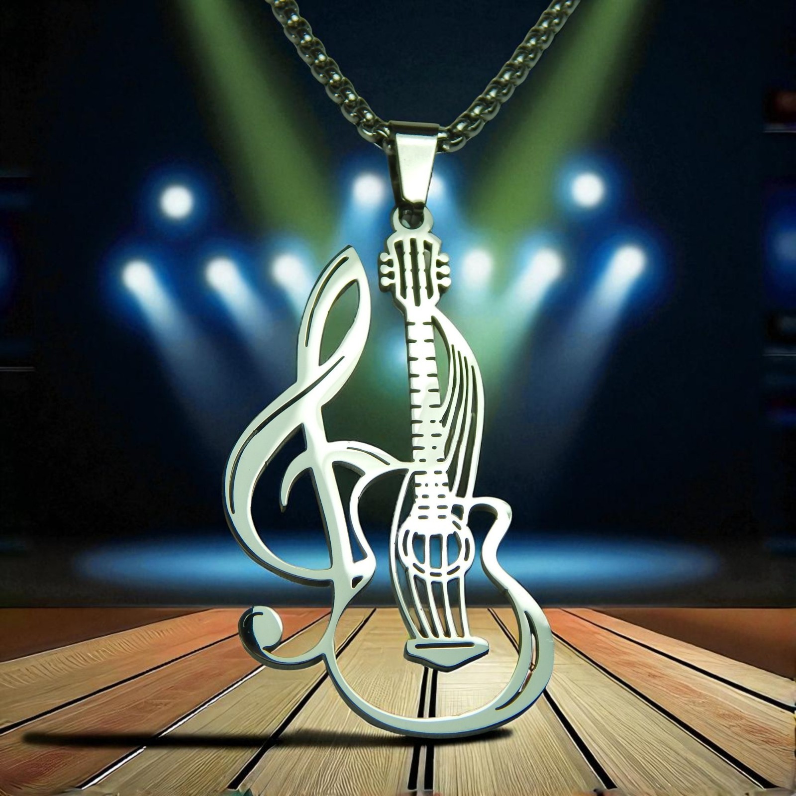 Guitar Necklace Silver 316L Stainless Steel Music Band Bass Pendant Mens Womens