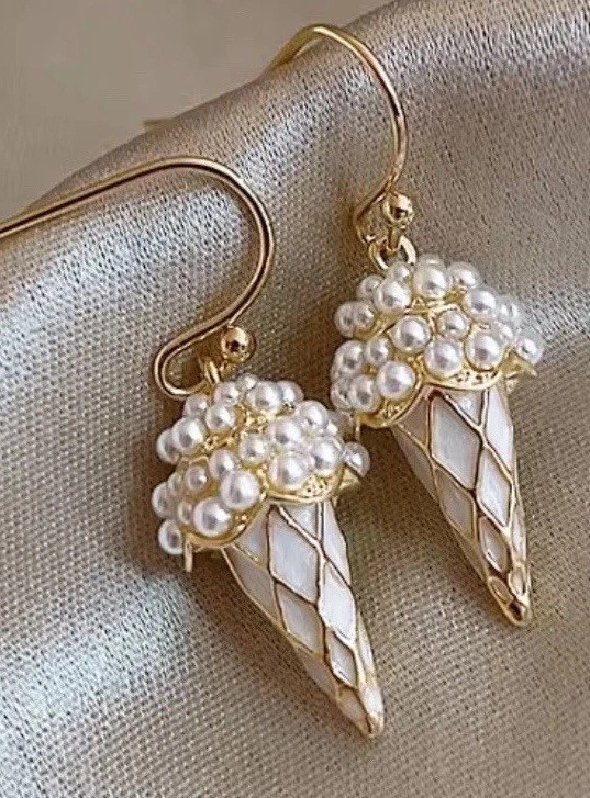 14k Gold Plated Pearl Cone Ice Cream Dangle Earrings NWOT