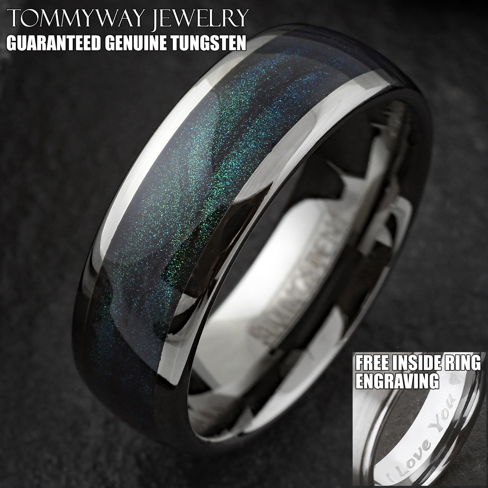 Custom Engraved Gunmetal Tungsten Carbide Green Flowing Sand Wedding Band Ring
