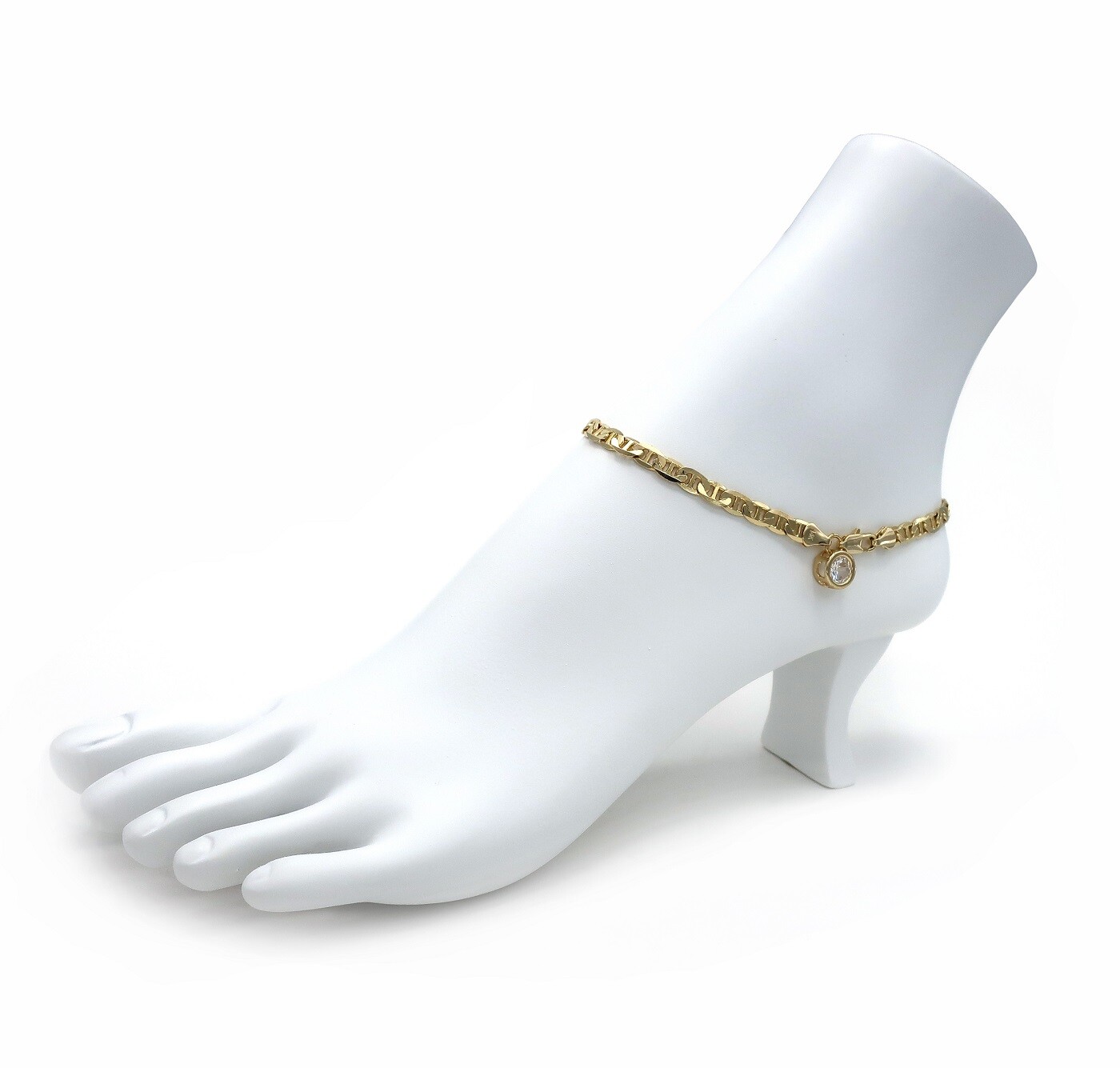 5mm ITALIAN MARINER LINK CHAIN ANKLET CZ STONE ANKLE BRACELET 14K GOLD PLATED