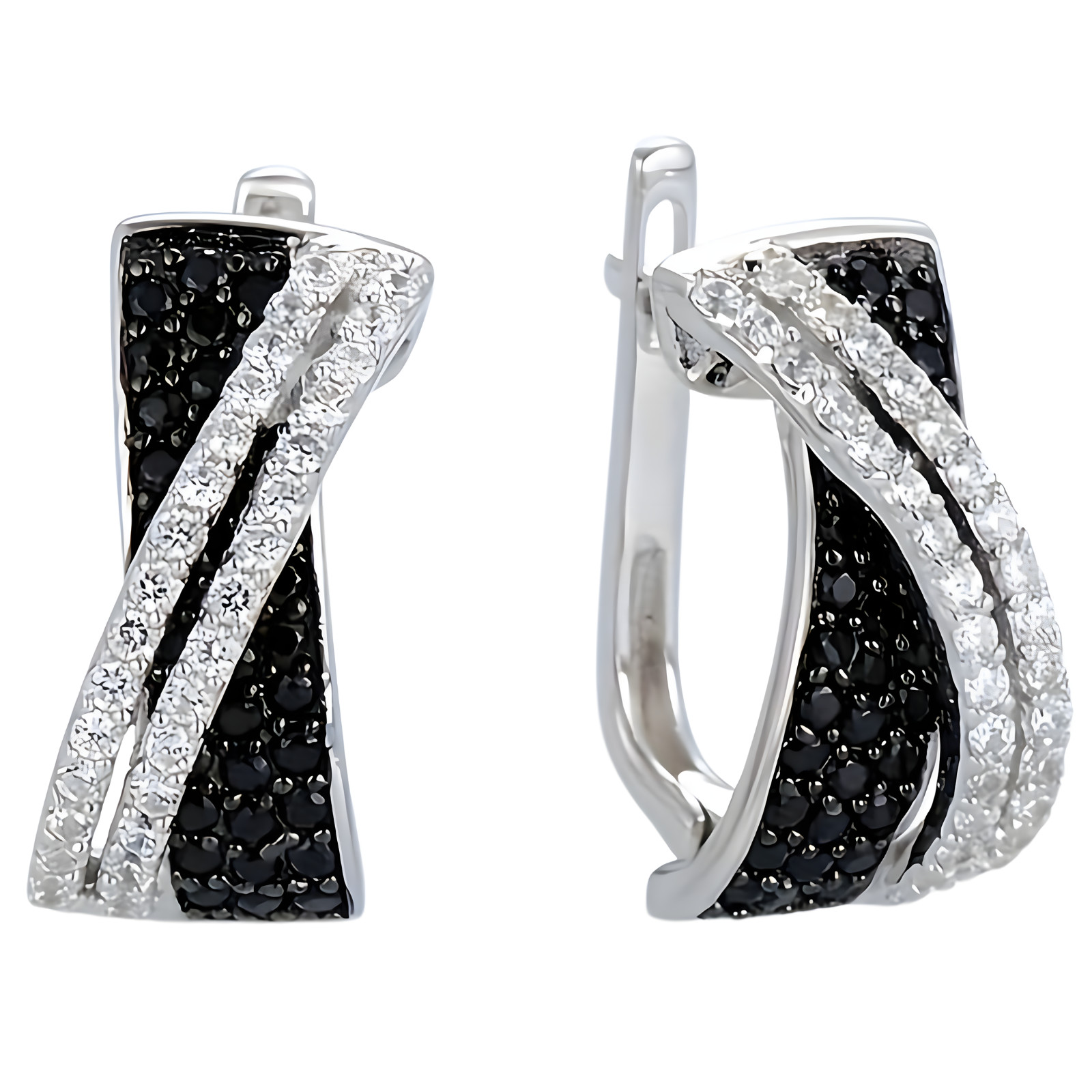 Modern Female Hoop Earrings: Black/White CZ X-Cross Two-Tone Design, 2cm 654