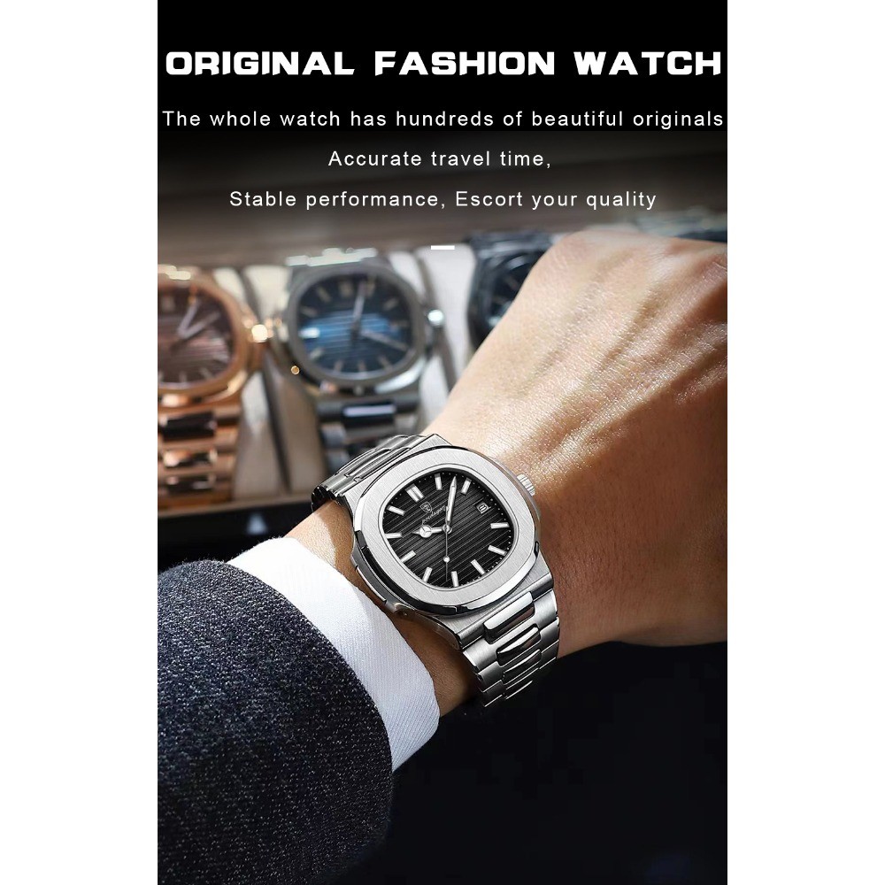 POEDAGAR Square Men Waterproof Luminous Date Stainless Steel Quartz Watch