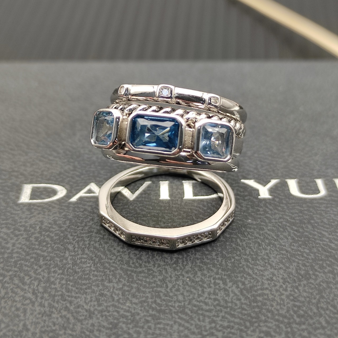 David Yurman 925 Silver Blue Topaz Diamond Multi Band Wrap Stack Ring sz 9