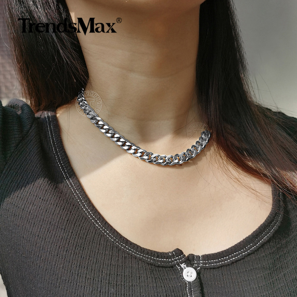 Trendsmax 9MM 16” Mens Chain Silver Stainless Steel Curb Cuban Necklace Choker