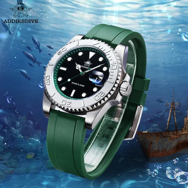 Addiesdive 41mm Quartz Dive Watch 200m Silver Stainless Steel Bezel Rubber Strap