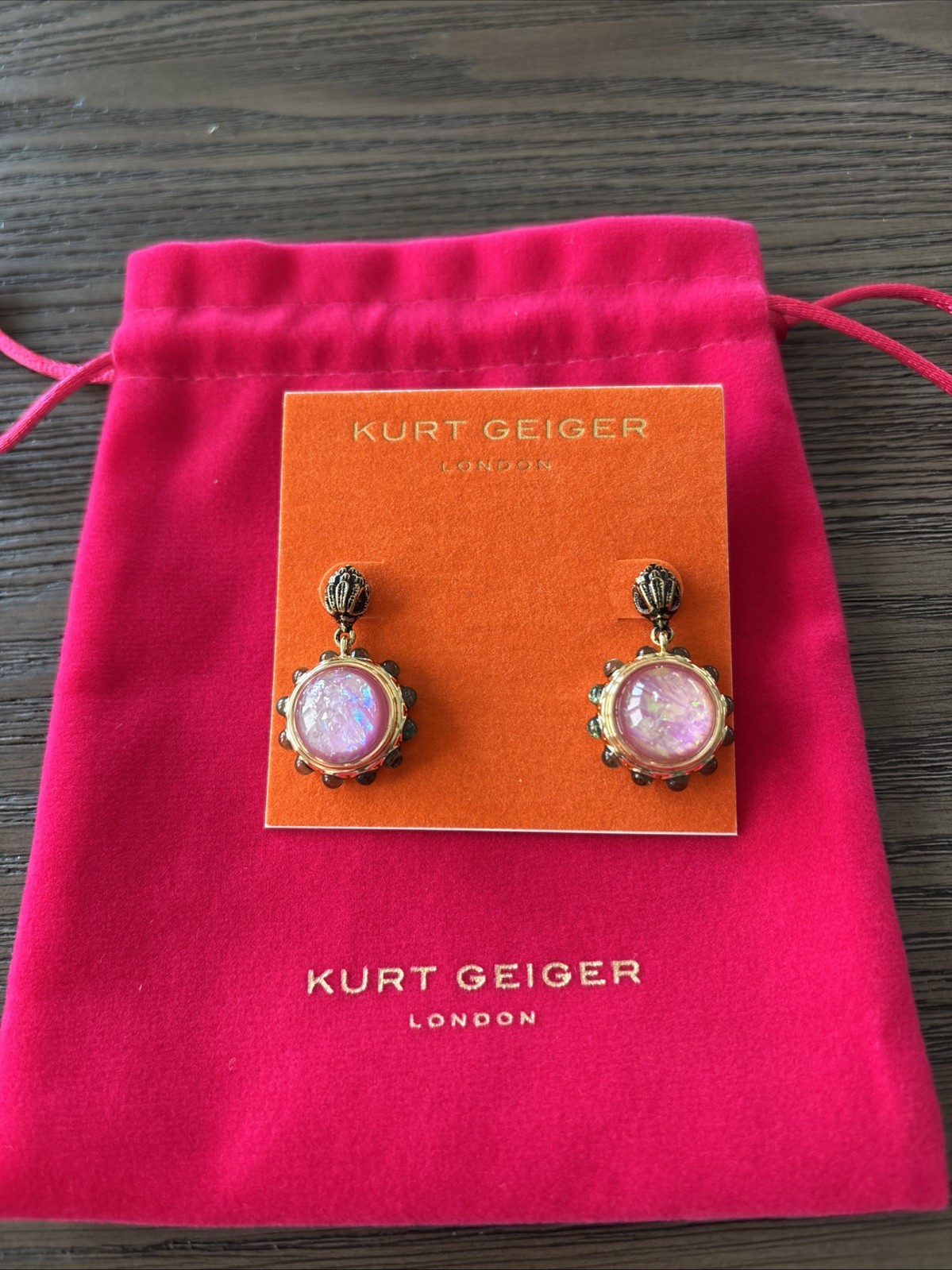 Kurt Geiger Eagle Head Pierced Drop Earrings Pink Resin Cabochons NWT MSRP $68