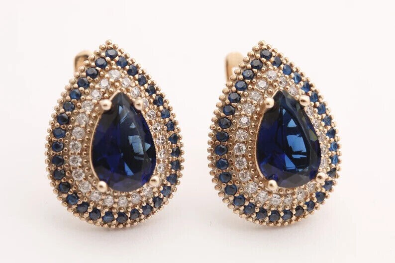 4Ct Pear Cut Simulated Blue Sapphire Women Drop/Dangle In 14K Yellow Gold Plated
