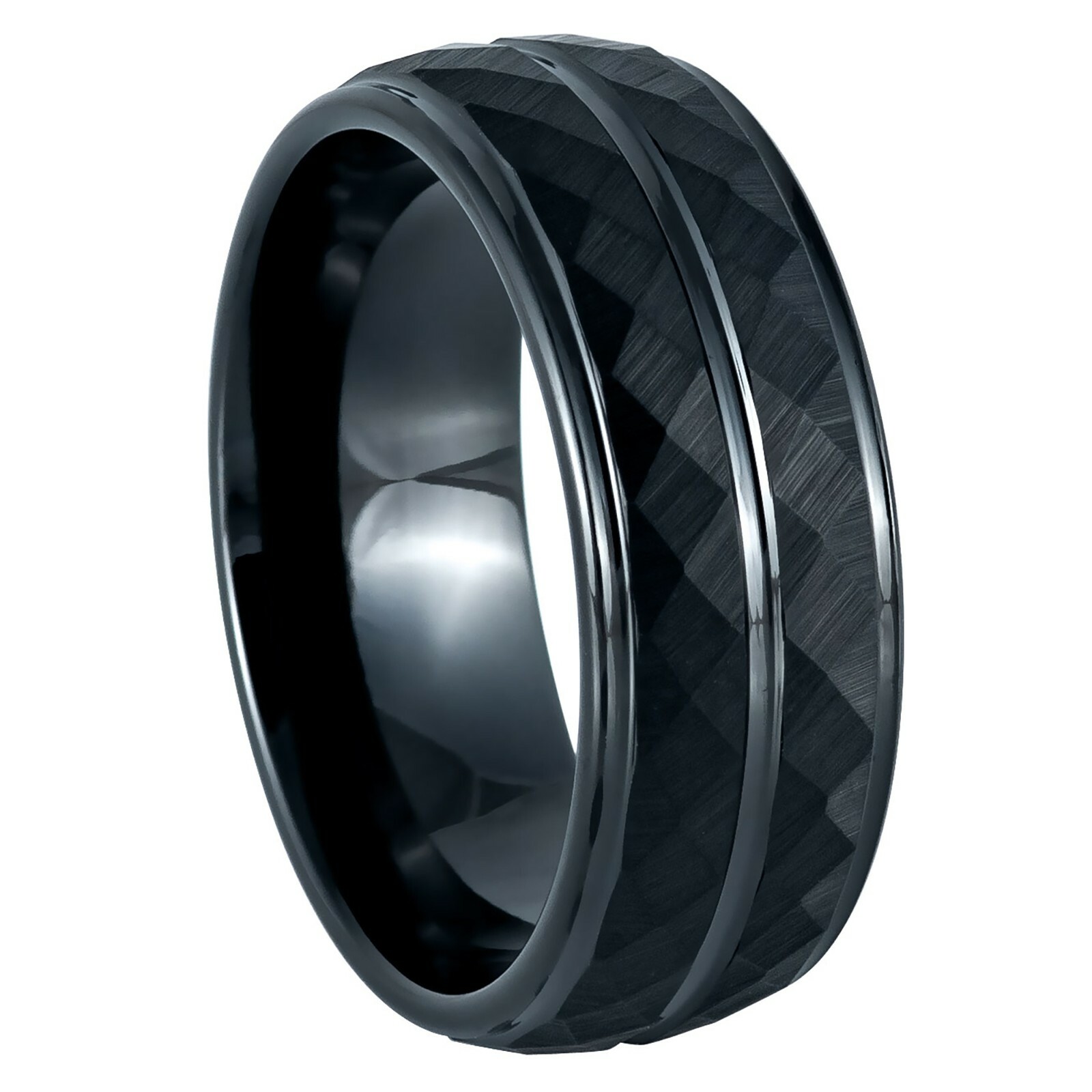 Black Ion-plated Diamond-Faceted Center Grooved Tungsten Ring Unisex 8mm