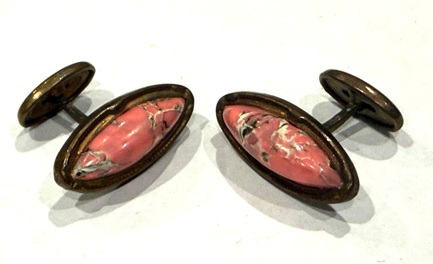 ANTIQUE VICTORIAN CUFFLINKS & STICK PIN PINK CORAL LUCITE NAVETTE BRASS SET