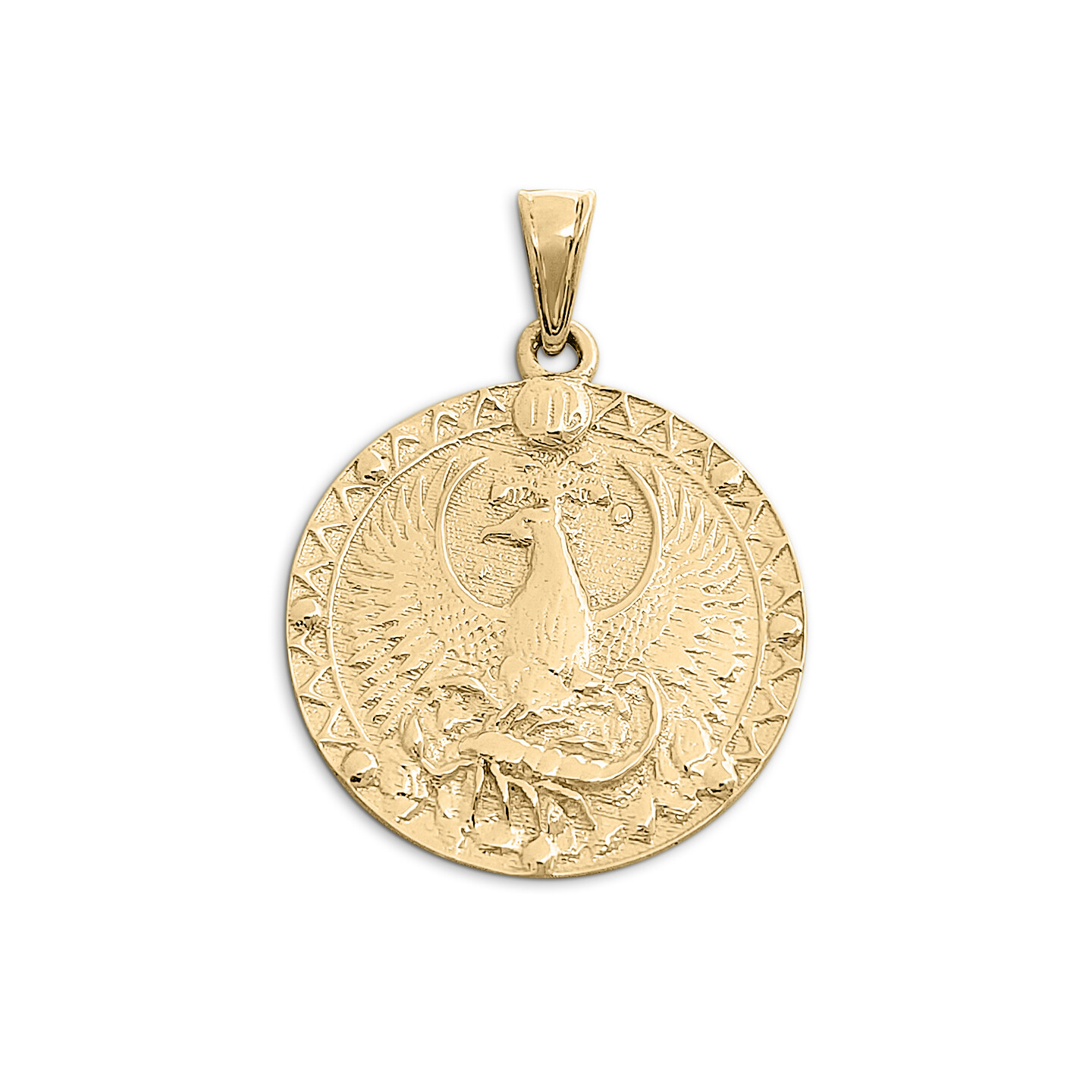 Real 18K Yellow Gold Scorpio Pendant, Zodiac Sign Coin Pendant Phoenix Astrology