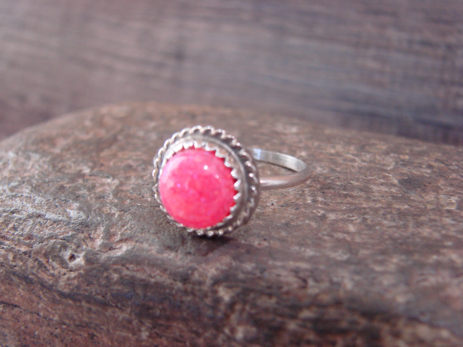 Native American Sterling Silver & Pink Opal Ring by White – Size 6