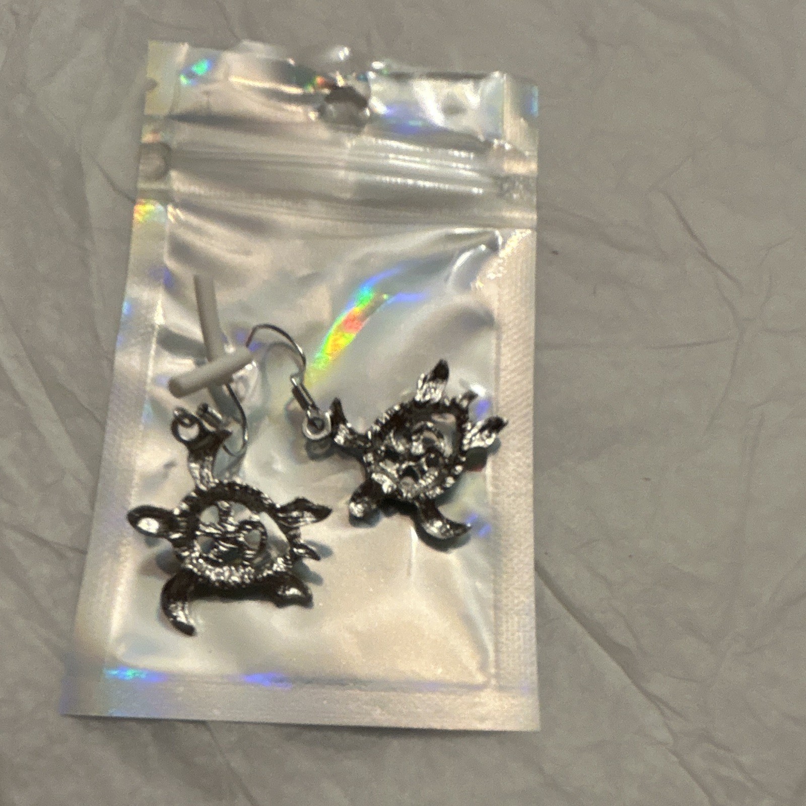 Turtle Dangle Drop Hook Earrings Silver Tone Multicolor Round Crystal Beach