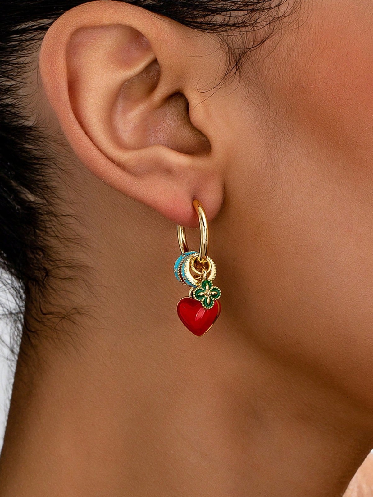 Women’s Gold Hoop Earrings DIY Enamel Charm Set Red Heart Clover Jewelry Gift