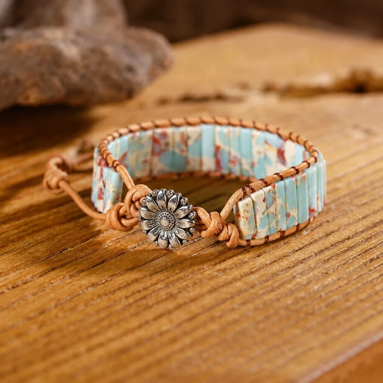 Natural Sea Sediment Jasper Bracelet Leather Wrap Boho Gemstone Flower Cuff