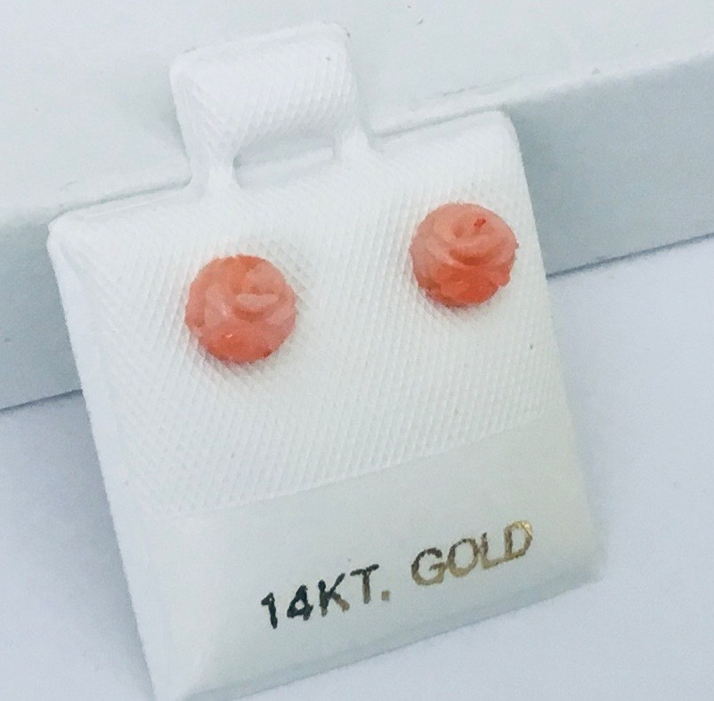 Tiny 14K Gold Natural Pink Coral Hand Carved Rose Flower Stud Earrings NEW