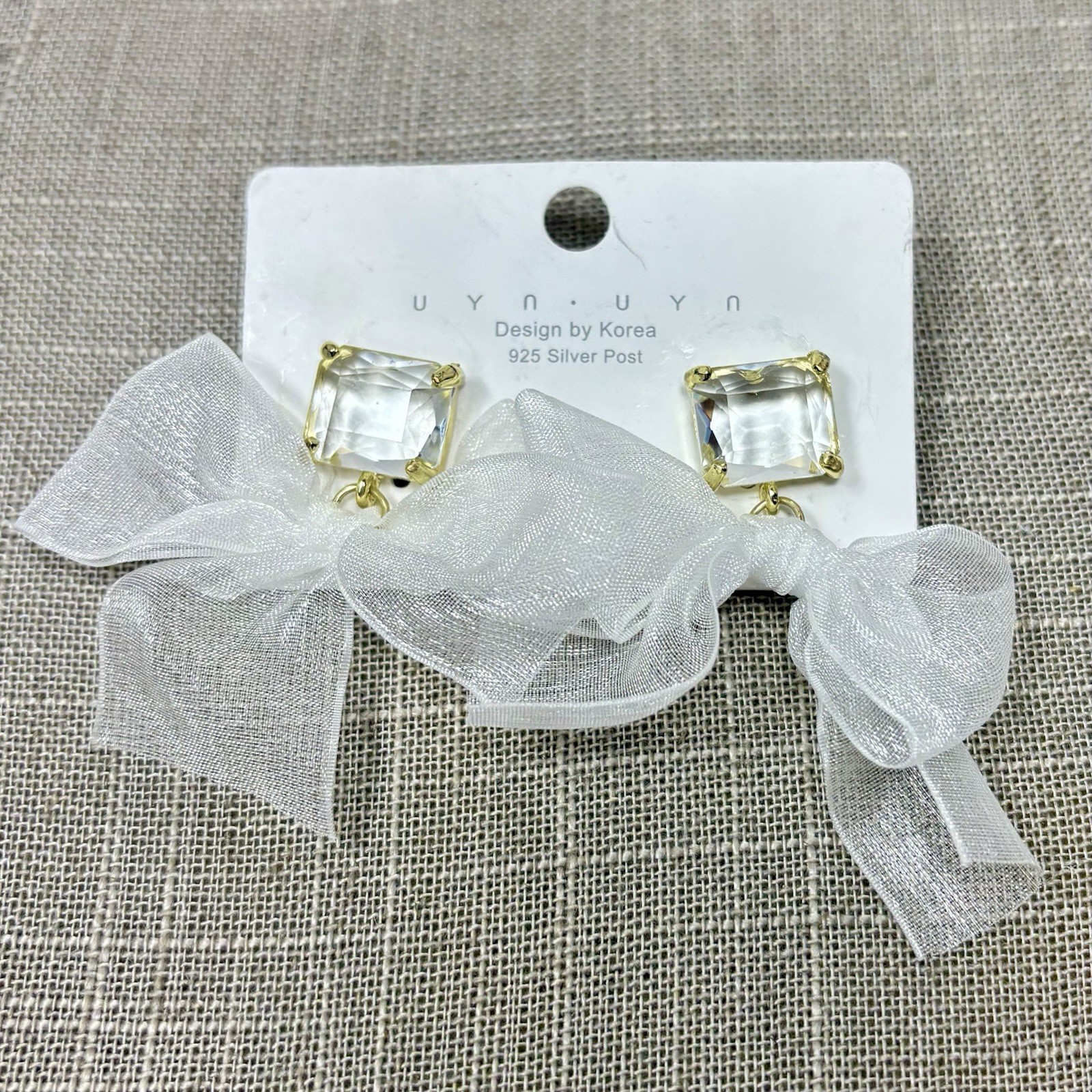 New UYN UYN Design/Korea 925 Post GoldTone Earrings Glass Stone Sheer Ribbon Bow
